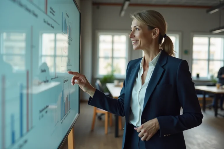 Directrice d'entreprise présentant une stratégie de gestion sur un tableau blanc dans un bureau moderne