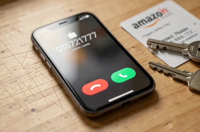 Écran de smartphone affichant un appel entrant du numéro suspect 0187217777 posé sur une table avec une notification Amazon