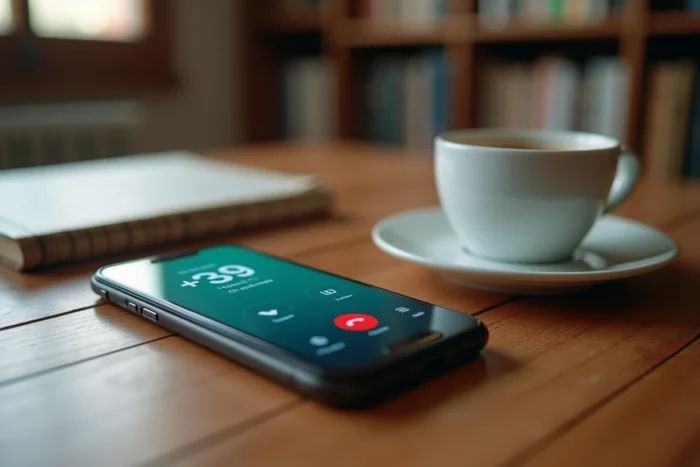 Écran de smartphone affichant un appel entrant avec l'indicatif téléphonique +39 de l'Italie sur un bureau en bois