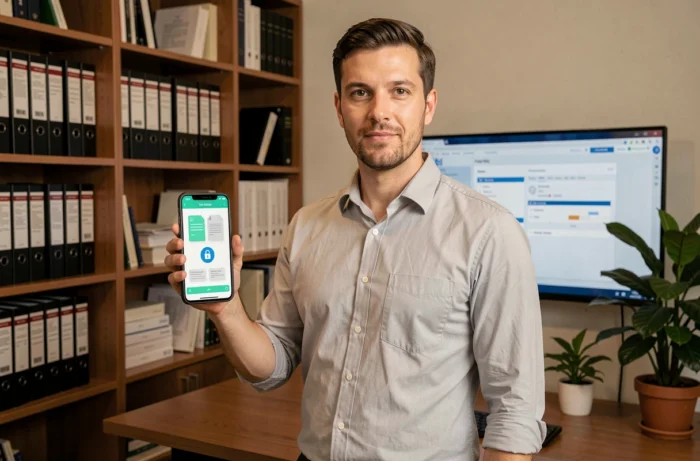 Employé consultant l'application mobile de coffre-fort numérique sécurisé Arkevia dans un bureau professionnel