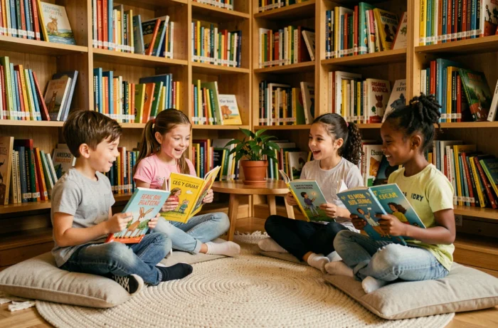 Groupe d'enfants partageant des livres illustrés dans un coin lecture bibliothèque chaleureux