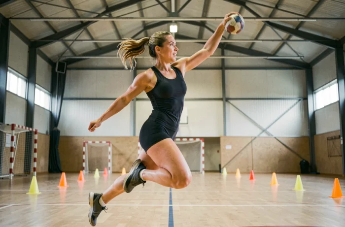 Joueuse de handball en plein geste de tir lors d'un entraînement en gymnase, dynamisme et passion du sport féminin