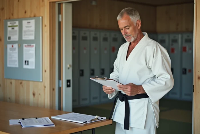 Entraîneur de judo en judogi blanc consultant des documents administratifs du club dans un dojo