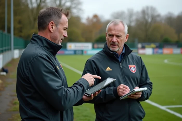 Entraîneurs de rugby fédéral analysant le classement et les résultats en bord de terrain