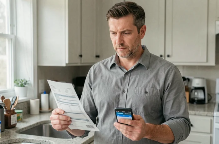 Entrepreneur consultant vérifiant un paiement retourné sur son relevé bancaire et son application mobile