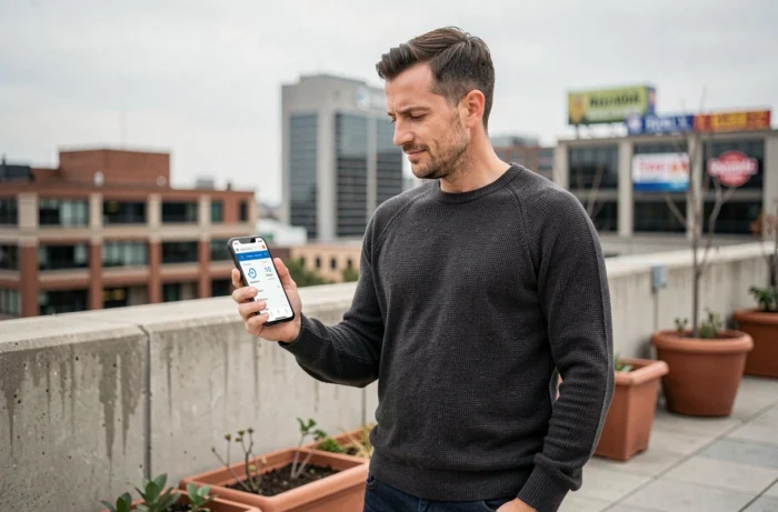 Entrepreneur consultant son site web sur smartphone depuis une terrasse urbaine pour optimiser sa visibilité en ligne
