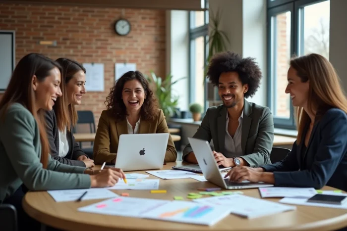 Équipe de professionnels collaborant autour d'une table lors d'une réunion de gestion de projet