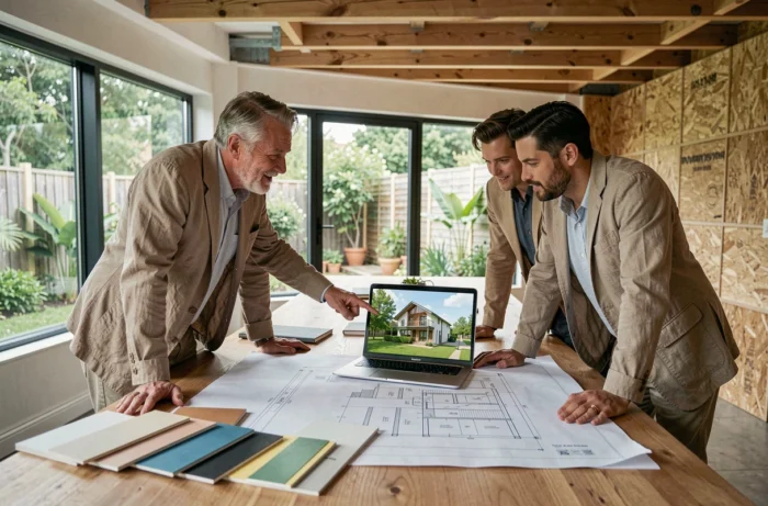 Équipe dédiée à l'habitat écologique en réunion autour de plans de construction durable et d'échantillons de matériaux naturels dans un bureau moderne