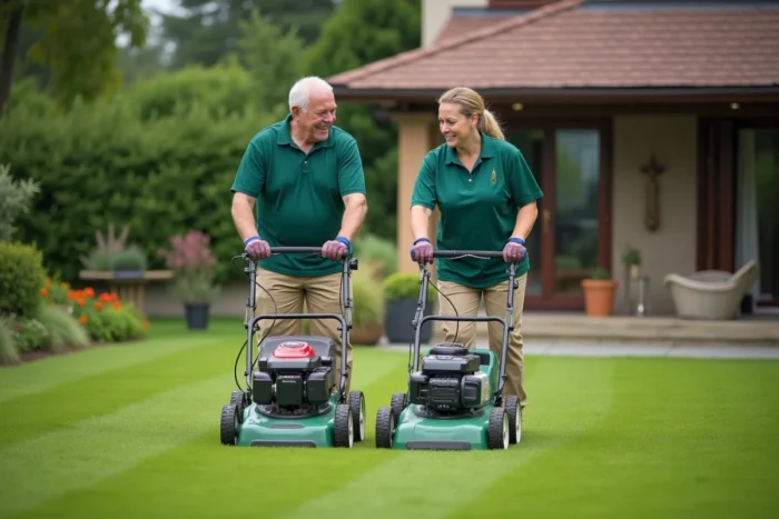 Deux jardiniers professionnels tondant une grande pelouse résidentielle en équipe, illustrant le tarif horaire des services de jardinage