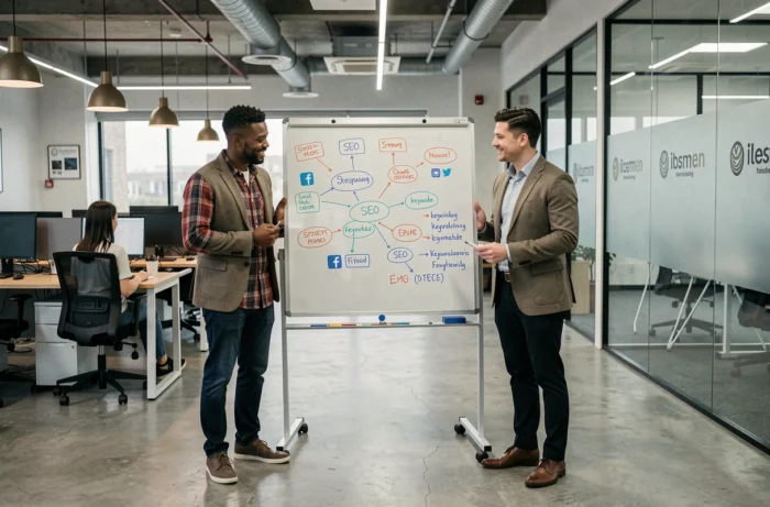 Équipe de professionnels élaborant une stratégie de visibilité en ligne sur un tableau blanc en open space
