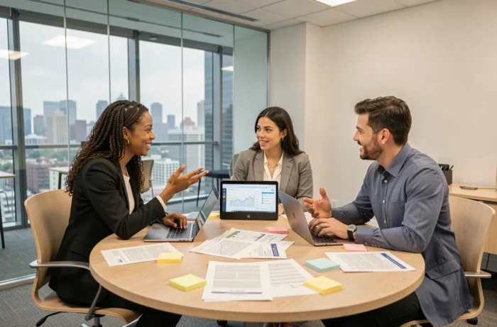 Équipe de professionnels discutant de stratégies de visibilité en ligne autour d'une table de réunion avec des rapports et des ordinateurs portables