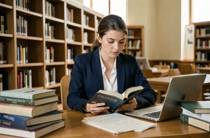 Étudiante universitaire concentrée sur ses révisions dans une bibliothèque, illustration du système LMD dans l'enseignement supérieur
