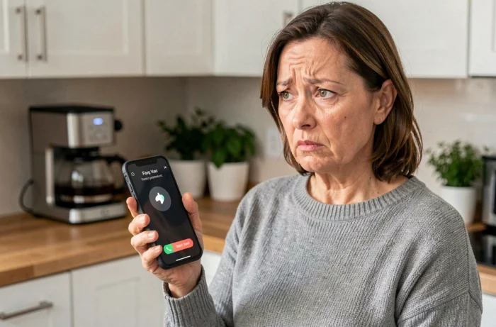 Femme inquiète recevant un appel téléphonique suspect d'un numéro inconnu lié à une arnaque Amazon