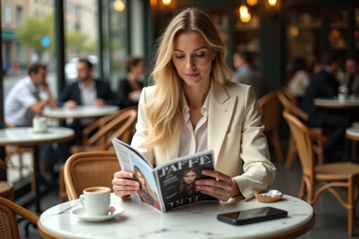 Femme blonde élégante feuilletant un magazine de tendances dans un café parisien au style éditorial