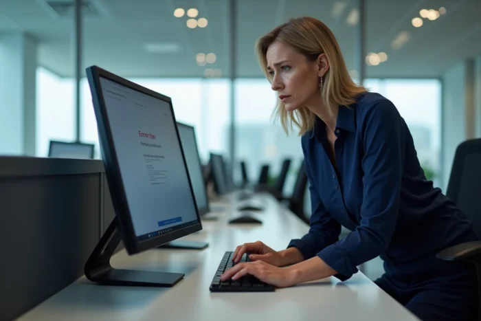 Femme au bureau scrutant un écran d'ordinateur bloqué affichant une erreur système