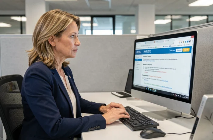Femme professionnelle lisant une page d'assistance en ligne pour résoudre un problème de connexion à son compte