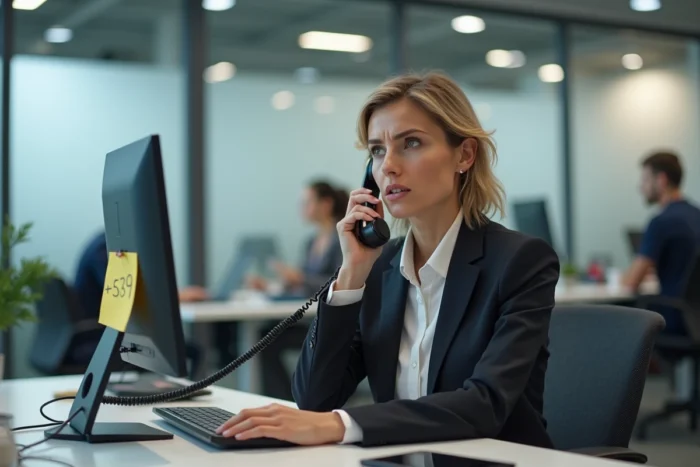 Femme en bureau moderne tenant un téléphone fixe avec une note indiquant l'indicatif international +39