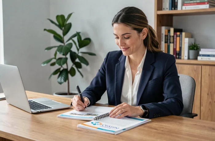 Femme professionnelle étudiant des brochures de formation à son bureau à domicile pour choisir la meilleure formation pour sa carrière