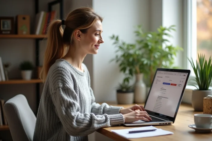 Femme consultant l'historique de ses annonces Leboncoin sur un ordinateur portable dans un bureau à domicile