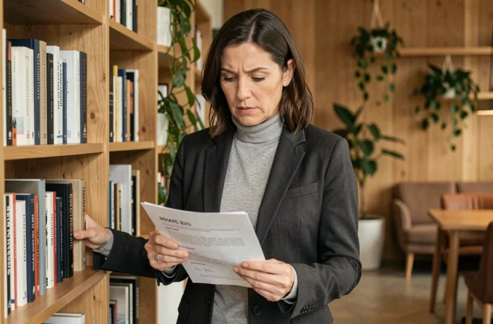 Femme dirigeante analysant son CV pour réussir sa reconversion et clarifier son positionnement professionnel