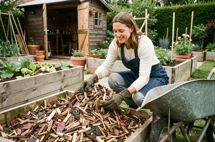 Femme étendant du paillage issu d'un broyeur autour de plants potagères dans un potager avec bacs en bois surélevés