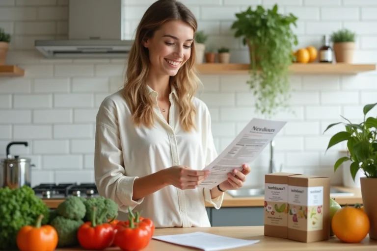 Femme consultant un plan nutritionnel Naturhouse avec des produits minceur et légumes frais sur un comptoir de cuisine moderne
