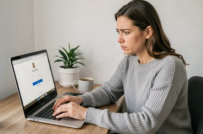 Femme concentrée essayant de se connecter à son compte en ligne sur un ordinateur portable dans un bureau à domicile