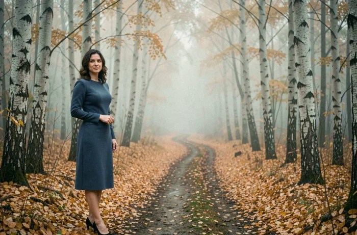 Femme en robe bleu ardoise debout sur un chemin de forêt en automne entourée de bouleaux dorés et de brume, photographie éditoriale style Anna Dray