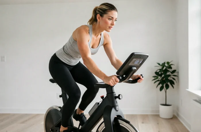 Femme sportive s'entraînant sur un speedbike SX200 dans une salle de sport à domicile moderne