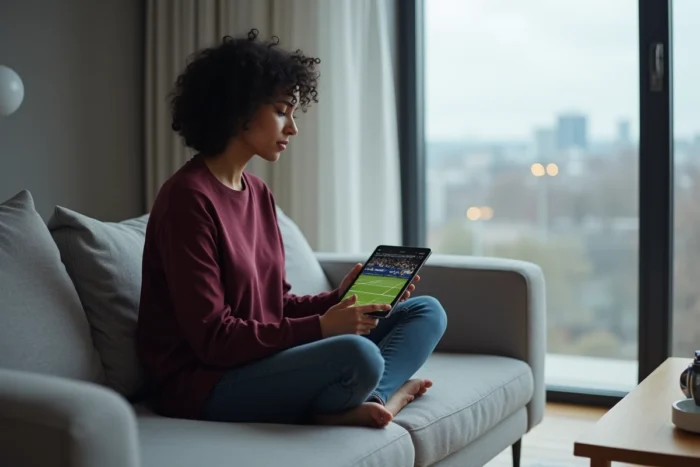 Femme regardant un match de tennis en streaming sur une tablette depuis son salon moderne