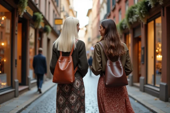 Deux femmes élégantes dont une blonde marchant dans une rue pavée européenne entourée de boutiques de mode en automne