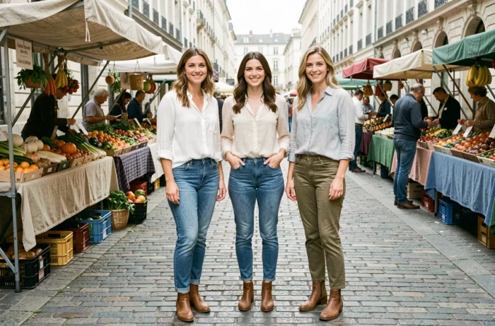 Trois femmes françaises de taille moyenne portant des tenues du quotidien dans un marché en plein air à Lyon
