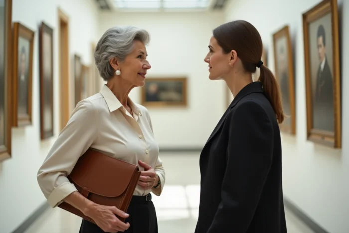 Deux femmes en discussion dans une galerie culturelle parisienne illustrant l'influence artistique et intellectuelle