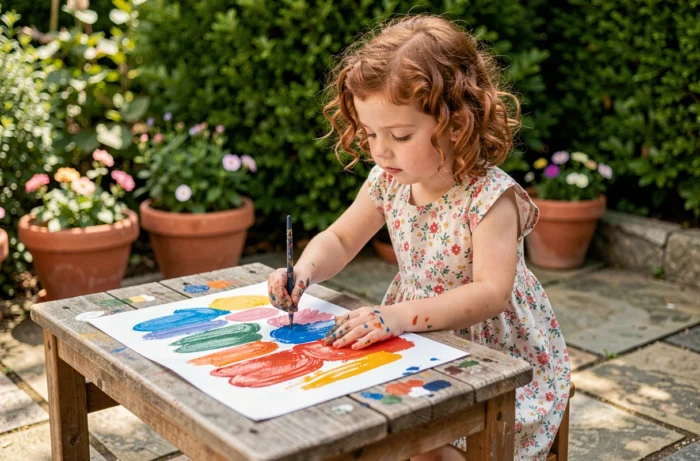 Jeune fille concentrée sur une activité peinture en plein air dans un jardin pédagogique