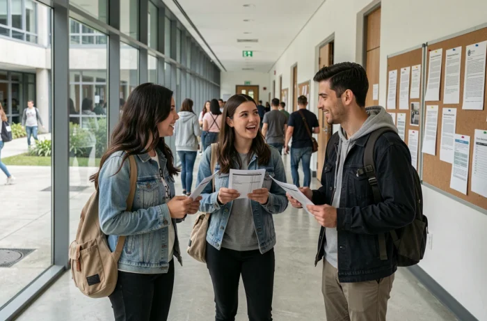 Groupe d'étudiants discutant de leur parcours universitaire dans un couloir de campus, contexte du système Licence Master Doctorat