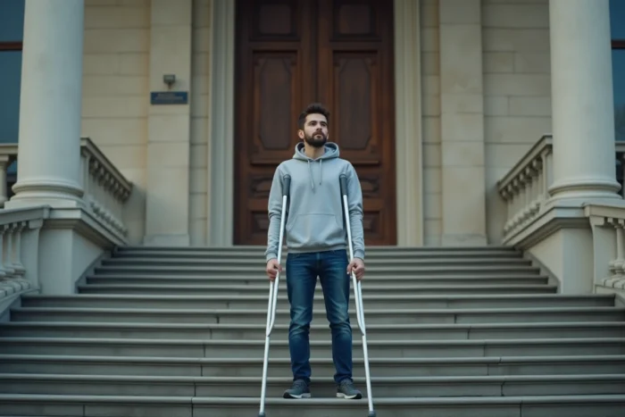 Homme en situation de handicap moteur face à un escalier sans rampe d'accès devant un bâtiment administratif public en France, symbolisant les manques d'accessibilité