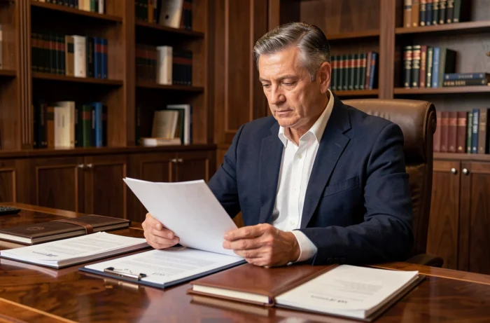 Portrait d'un homme d'affaires influent en costume marine assis à un bureau en acajou avec des documents professionnels, évoquant parcours et réussite entrepreneuriale