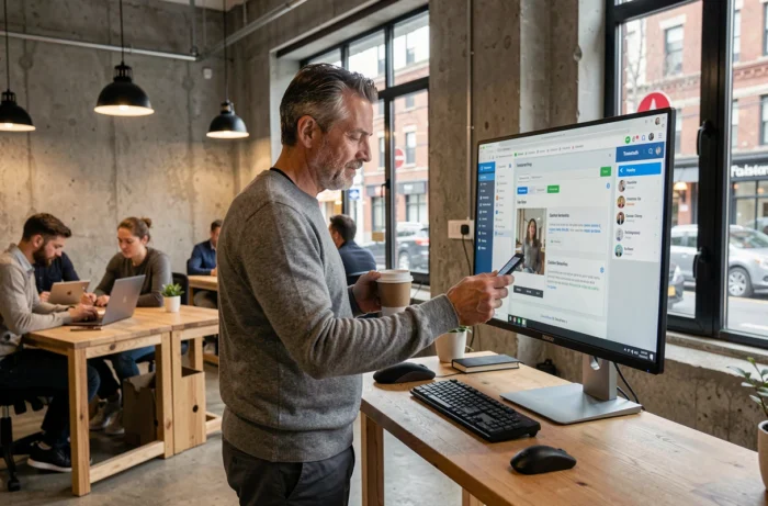 Homme professionnel consultant une plateforme de formation en ligne dans un espace de coworking moderne pour faire évoluer sa carrière