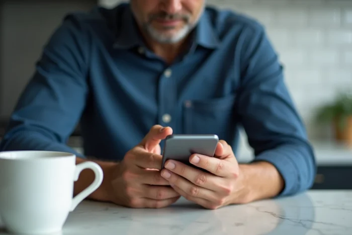 Homme consultant ses ventes passées sur l'application Leboncoin depuis son smartphone dans une cuisine moderne