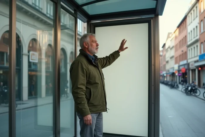 Homme inspectant une affiche grand format dans un abribus urbain moderne pour comprendre son mode de fixation