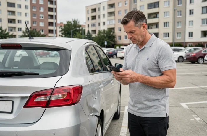 Homme inspectant les dégâts sur sa voiture avant de déclarer un sinistre à la Macif