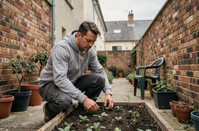 Homme entretenant le jardin potager d'une maison de ville abordable louée à 600 euros par mois