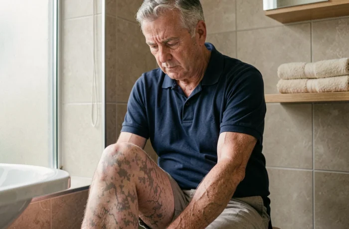 Homme âgé observant une peau marbrée et décolorée sur sa jambe dans une salle de bain moderne
