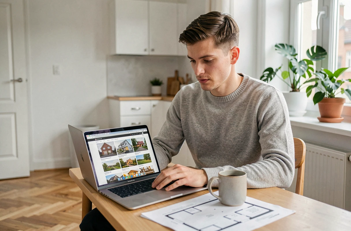 Jeune homme recherchant des biens immobiliers en ligne sur un ordinateur portable dans un appartement moderne