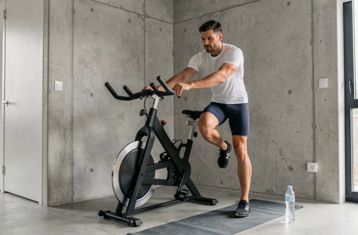 Homme en récupération après une séance sur speedbike dans un appartement au style minimaliste
