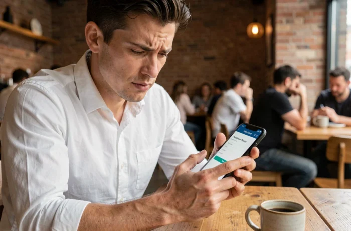 Homme consultant son smartphone pour résoudre un problème de connexion à son compte sur une application mobile
