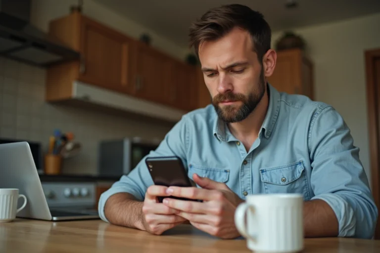 Homme lisant un indicatif téléphonique international +39 sur son smartphone dans une cuisine