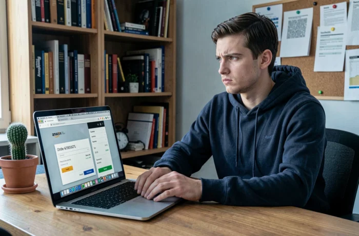 Homme vérifiant un numéro de téléphone suspect sur son ordinateur avec une page de suivi de commande Amazon ouverte