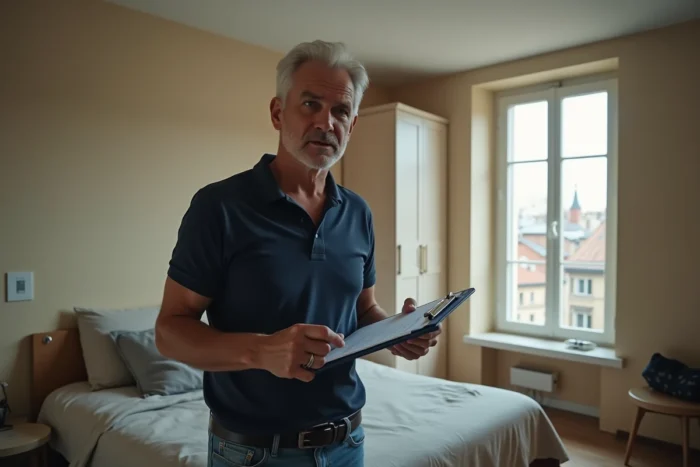 Hôte masculin vérifiant une checklist dans un appartement de location mal préparé avant l'arrivée des voyageurs