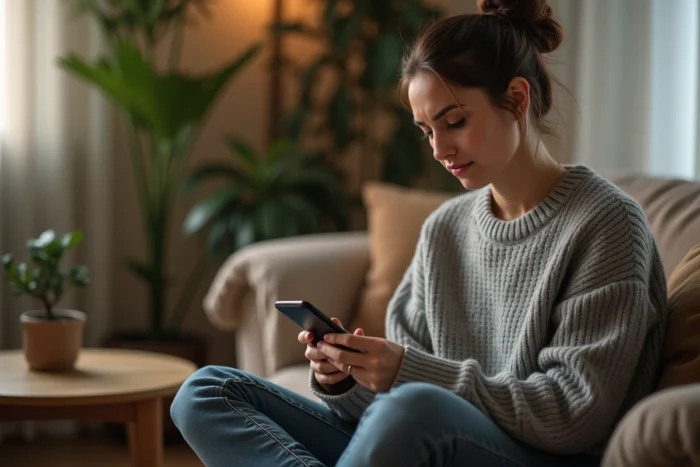 Jeune hôte lisant un avis négatif sur son smartphone, illustrant les erreurs courantes des nouveaux hôtes